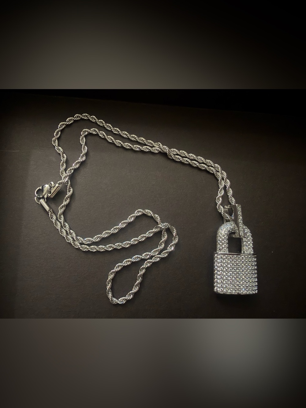 Silver Pave Padlock Pendant Rope Chain Necklace